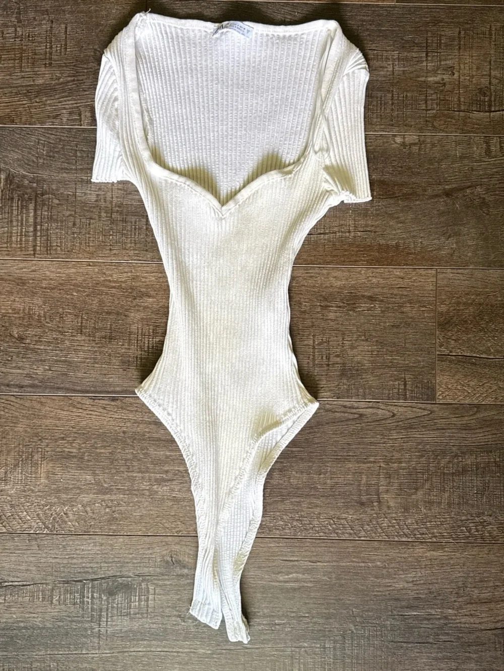 Zara Cream Ribbed Sweetheart Neck Thong Bodysuit